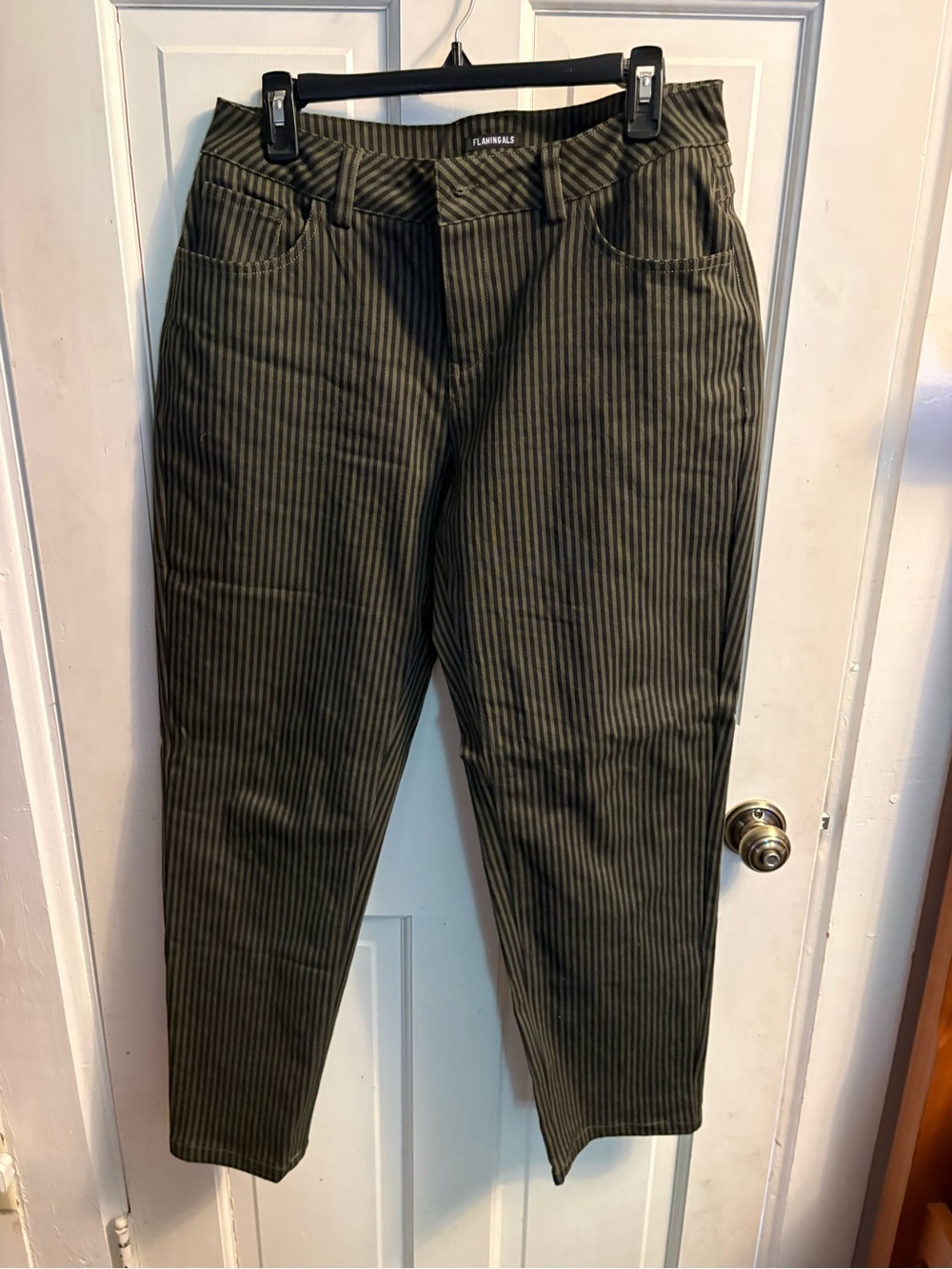 Flamingals women’s size large  Olive Green Pinstripe Pants